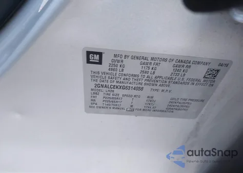 2016 Chevrolet Equinox Lt z USA, uszkodzony, nr VIN 2GNALCEKXG6314058